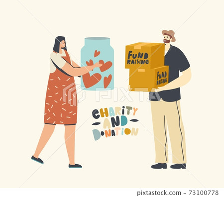 Characters Donate Concept. Man and Woman Give Hearts and Boxes for Charity Social Aid, Donation Volunteer Support 73100778