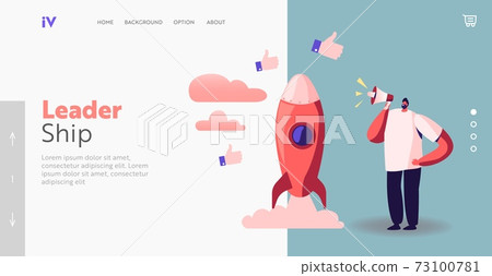 Man Presenting Start Up Project Landing Page Template. Business Male Character Yell to Megaphone Launch Rocket Take Off 73100781