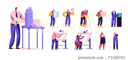 Set of Male and Female Characters Building and Engineering Construction Works. Men and Women Architect Engineer Working Set of Male and Female Characters Building and Engineering Construction Works. Men and Women Architect Engineer Working 73100783