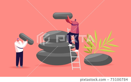 Feng Shui Oriental Philosophy, Tradition, Culture Concept, Life Harmony. Tiny Male Characters Assemble Huge Oval Stones 73100784