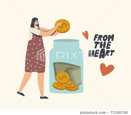 Fundraising, Donation, Volunteers Charity Concept. Tiny Female Character Throw Coin into Huge Glass Jar for Donate 73100790