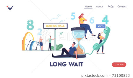 Long Wait Landing Page Template. Tired and Bored Characters Too Long Waiting in Office Hall, Airport or Hospital Lobby 73100833