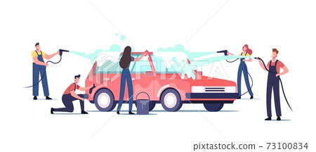 Car Wash Service Concept. Workers Characters Wearing Uniform Lathering Automobile with Sponge and Pouring with Water 73100834