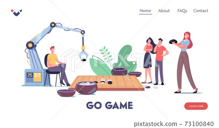 Chinese Strategy Game Landing Page Template. Characters and Robot Playing Gobang or Go Game Board with Typical Course Chinese Strategy Game Landing Page Template. Characters and Robot Playing Gobang or Go Game Board with Typical Course 73100840