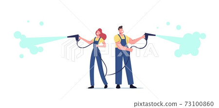 Male and Female Characters Work at Car Wash Service. Workers Wearing Uniform Pouring Water Using High Pressure Washer Male and Female Characters Work at Car Wash Service. Workers Wearing Uniform Pouring Water Using High Pressure Washer 73100860
