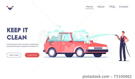 Car Wash Service Landing Page Template. Worker Character Wearing Uniform Pouring Automobile with Water Jet Car Wash Service Landing Page Template. Worker Character Wearing Uniform Pouring Automobile with Water Jet 73100862