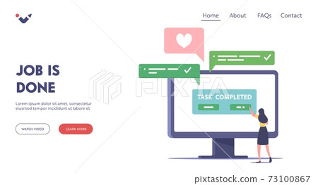 Successful Work Well Done Landing Page Template. Tiny Business Woman Character Put Button Task Completed at Office 73100867