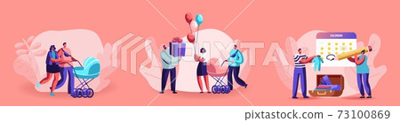 Happy Parent Characters Walking with Kid Stroller. Woman and Man Waiting Baby Birthday. Childhood, Parenthood, Maternity 73100869