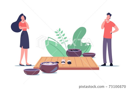 Traditional Chinese Strategy Game. Male and Female Characters Playing Go Game Board with Typical Course and Two Bowls 73100870