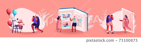 Father, Grandfather Character Take Picture of Child, Man Shoot Girl with Teddy Bear on Camera. Women Look Photo Album 73100873