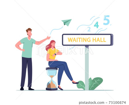 Long Wait, Male Female Characters in Waiting Hall. Woman Sitting on Huge Hourglass Looking on Wrist Watch, Appointment 73100874