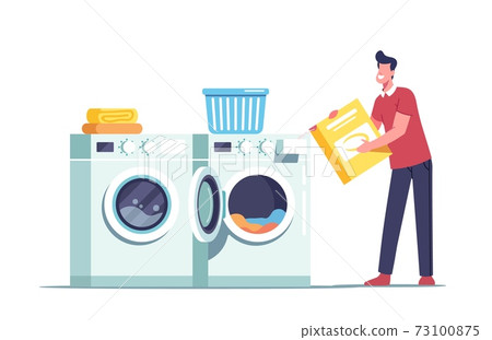 Male a Character in Public Laundry or Home Bathroom Loading Dirty Clothing and Detergent Powder to Laundromat Male a Character in Public Laundry or Home Bathroom Loading Dirty Clothing and Detergent Powder to Laundromat 73100875