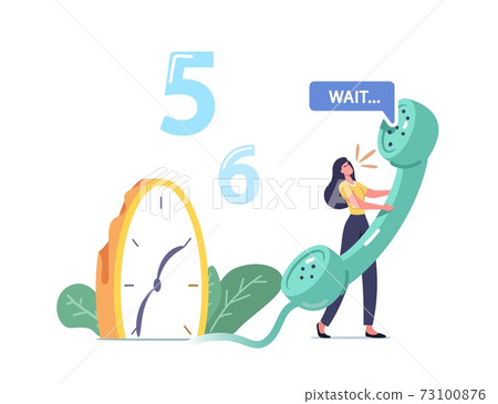Tiny Female Character Holding Huge Telephone Tube near Melting Clock. Frustrated Woman Calling to Clinic, Emergency 73100876