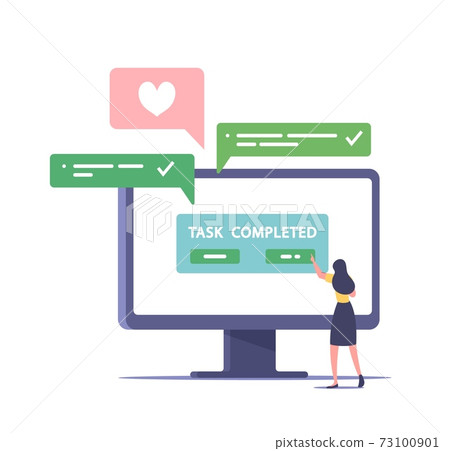 Successful Work Well Done. Tiny Business Woman Character Put Button Task Completed at Huge Computer Monitor at Workplace 73100901