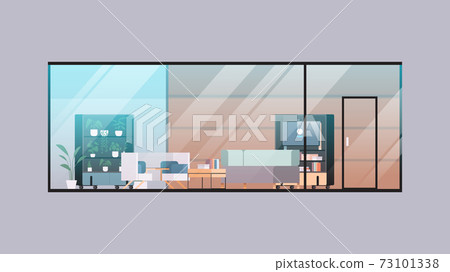 empty coworking center modern office room interior open space with furniture behind glass window 73101338