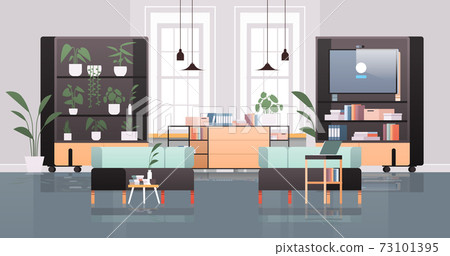 empty coworking center with tv screen modern office room interior open space with furniture empty coworking center with tv screen modern office room interior open space with furniture 73101395