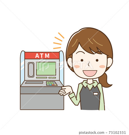解釋如何使用自動櫃員機的女性銀行業務員的插圖 插圖素材 圖庫
