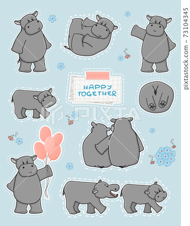 Collection of gray hippos in different poses, with balloons, flowers and bees. Happy Together text on squared paper, part of newspaper and pink washi tape Collection of gray hippos in different poses, with balloons, flowers and bees. Happy Together text on squared paper, part of newspaper and pink washi tape 73104345