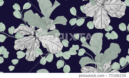 Floral seamless pattern, green fiddle leaf fig plant and Silver Dollar Eucalyptus leaves on blue 73106230