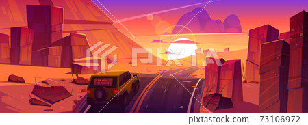 Car driving road at sunset desert canyon landscape Car driving road at sunset desert canyon landscape 73106972