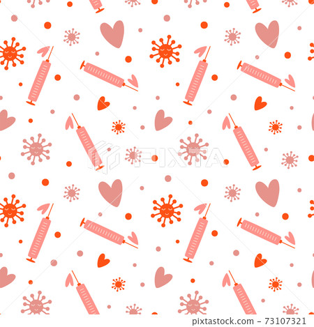 Covid Valentines day pink pattern. Vaccine coronavirus symbol heart, coronavirus protection, social distance 73107321