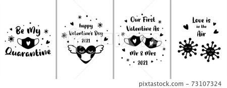 Covid Valentines card set. 2021 love funny banners. Black face mask, heart in medical mask. Happy Valentines day Covid Valentines card set. 2021 love funny banners. Black face mask, heart in medical mask. Happy Valentines day 73107324