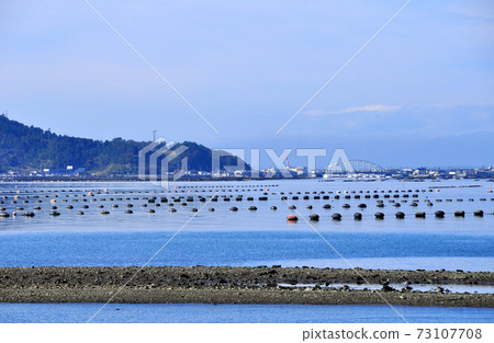 Mangokuura tidal flats, farmed buoys, Mangoku Bridge and Watanoha, Ishinomaki City 73107708