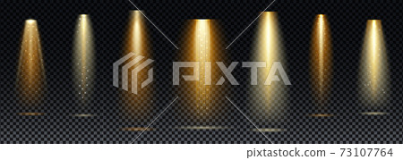 Gold spotlight. Bright lighting with spotlights of the stage on transparent background. Gold spotlight. Bright lighting with spotlights of the stage on transparent background. 73107764