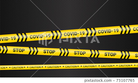 Quarantine danger tape. Covid 19 and quarantine zone yellow warning tape. Coronavirus covid danger stripe on dark transparent background. Safety warning yellow black stripes. 73107765