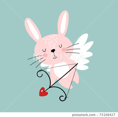 Hare cupid, cute rabbit with wings and an arrow with a heart. Romantic flat illustration for Valentine s day, cartoon design. 73108427
