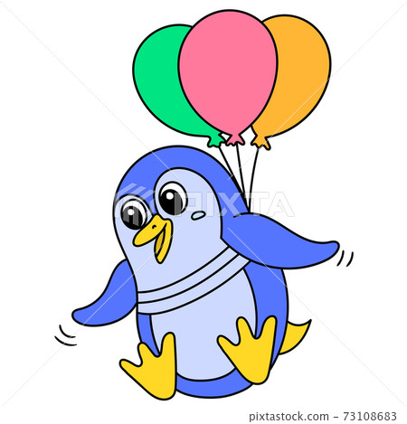 penguin is being carried flying by a bunch of hot air balloons, doodle icon image 73108683