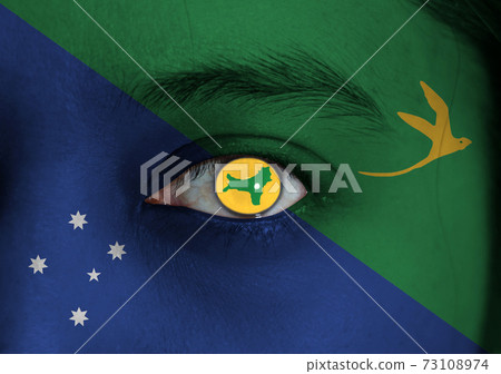 Human face painted Christmas Island flag with shape of the island on the center of eye or eyeball. Human face painted Christmas Island flag with shape of the island on the center of eye or eyeball. 73108974