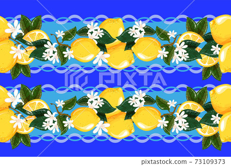 Tablecloth in vector. Seamless pattern with lemons and white flowers for towels, bed linen and tablecloths. The color is blue, beige and blue, yellow. 73109373