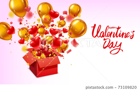 Happy Valentines day gift box open present with flying hearts, ballons gold and bright rays of light, burst explosion. Happy Valentines day gift box. Vector illustration poster, banner, card, isolated 73109820