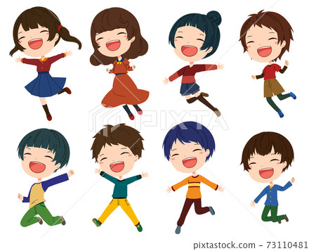 Illustration set of smiling girls and boys jumping - Stock Illustration ...