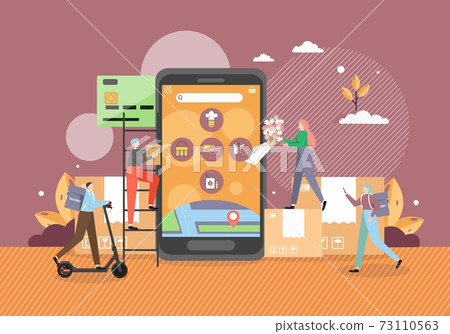 Couriers delivering food groceries flowers to customers, flat vector illustration. Online ordering and delivery service. 73110563