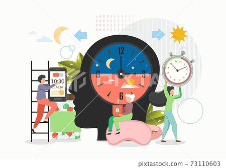 Biorhythms. Day and night activity, flat vector illustration. Rhythmic biological cycles, human chronotypes. Biorhythms. Day and night activity, flat vector illustration. Rhythmic biological cycles, human chronotypes. 73110603