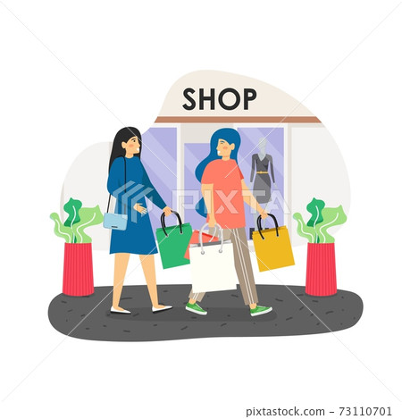 Two happy girls shopping together, flat vector illustration. Two happy girls shopping together, flat vector illustration. 73110701