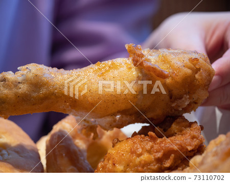 Fried chicken in my hand. Fried chicken in my hand. 73110702