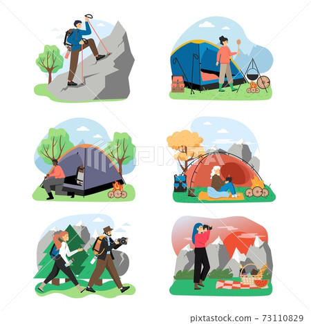Hiking scene set, flat vector isolated illustration. Trekking, mountain tourism, travel adventure, expedition, camping. Hiking scene set, flat vector isolated illustration. Trekking, mountain tourism, travel adventure, expedition, camping. 73110829