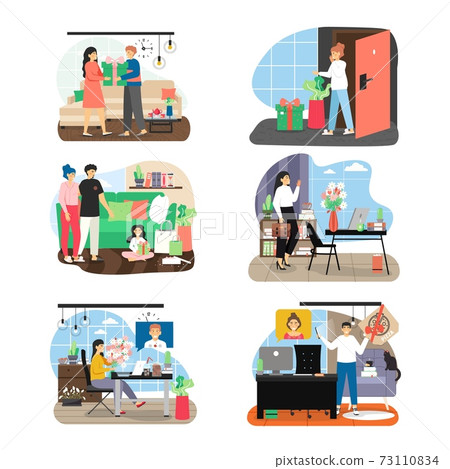 Happy people sending and receiving flowers, pizza, gift boxes, flat vector illustration. Online gift delivery service. 73110834