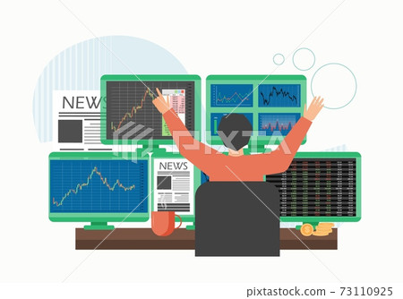 Trader looking at computer monitors sitting at trader desk with raised hands, flat vector illustration. Stock market, Trader looking at computer monitors sitting at trader desk with raised hands, flat vector illustration. Stock market, 73110925