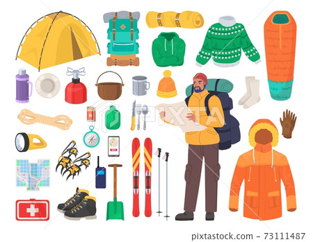 Winter hiking gear, flat vector isolated illustration. Mountain travel, climbing and trekking equipment. 73111487