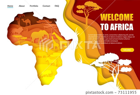 Welcome to Africa vector website landing page template. Paper cut Africa map with african wild animals silhouettes. Welcome to Africa vector website landing page template. Paper cut Africa map with african wild animals silhouettes. 73111955
