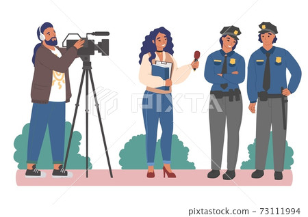Interview with police officers. Female journalist interviewing policeman and policewoman, flat vector illustration. Interview with police officers. Female journalist interviewing policeman and policewoman, flat vector illustration. 73111994