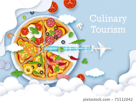 Culinary tourism vector poster, banner template. Paper cut plane flying out of big italian pizza. World culinary tours. Culinary tourism vector poster, banner template. Paper cut plane flying out of big italian pizza. World culinary tours. 73112042