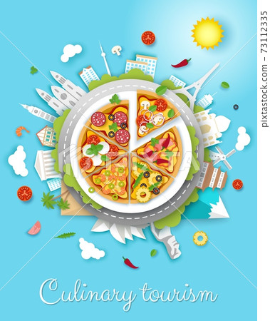 Culinary tourism vector poster, banner template. Paper cut style big delicious italian pizza and world famous landmarks. 73112335