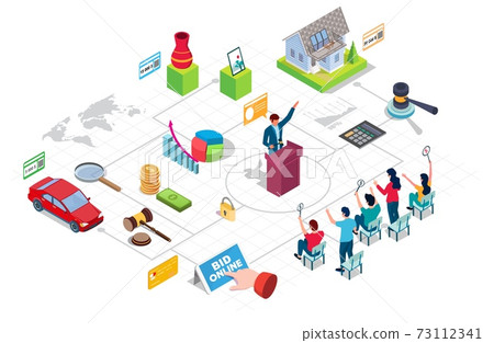 Auction and bidding flowchart, vector isometric infographic. Mobile bidding. Auction and bidding flowchart, vector isometric infographic. Mobile bidding. 73112341