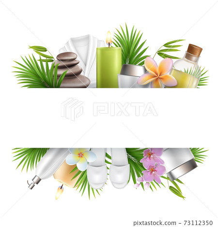 Beauty salon and spa poster, frame template with accessories for skin care procedures. Vector illustration. 73112350