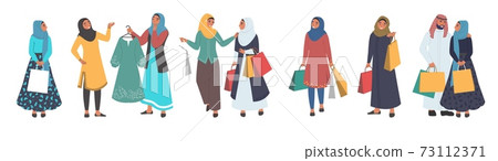 Muslim people shopping, male and female cartoon character set, flat vector isolated illustration. Hijab women fashion. Muslim people shopping, male and female cartoon character set, flat vector isolated illustration. Hijab women fashion. 73112371
